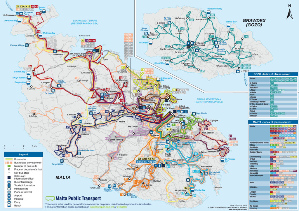 Orientacyjny schemat komunikacji publicznej na Malcie i Gozo. Źródło: www.publictransport.com.mt