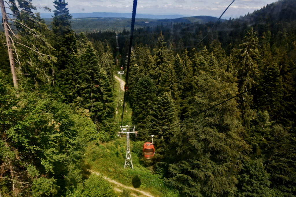 Kolejka gondolowa - widok w stronę Borowca. W ciągu 20-minutowej podróży wjeżdżamy na szczyt Jastrebec (2369 m). Musała stamtąd już niedaleko!